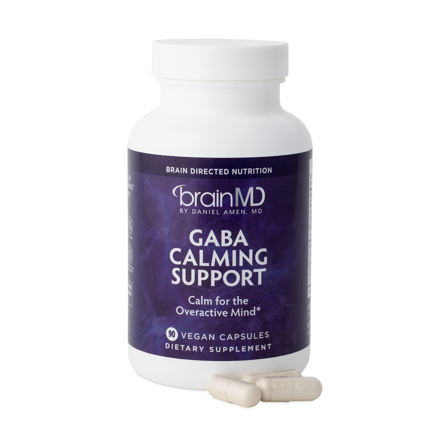 BrainMD GABA Calming Support: front of purple supplement bottle and capsules against a transparent background