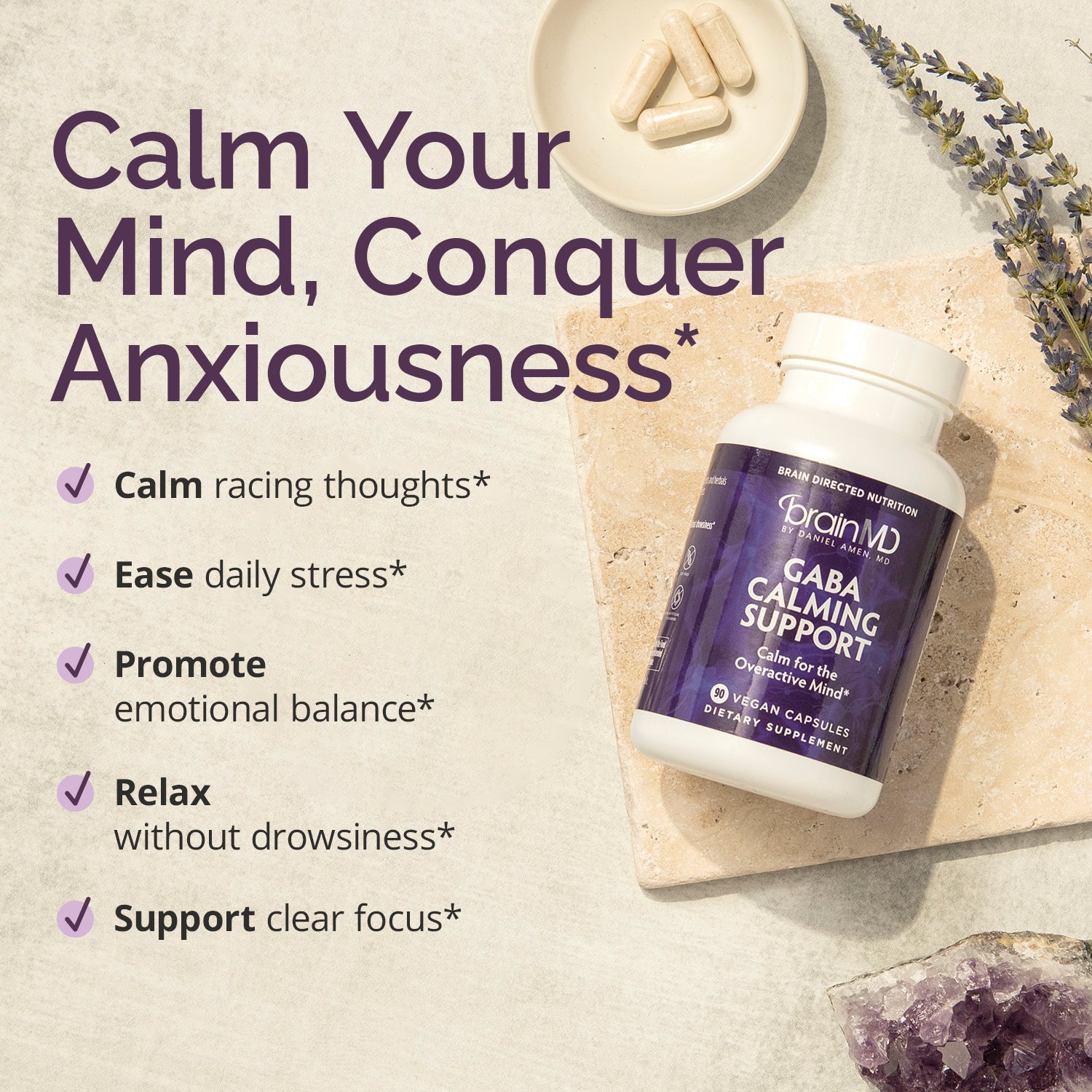 BrainMD GABA Calming Support: infographic, list of brief benefits next to a purple supplement bottle and capsules