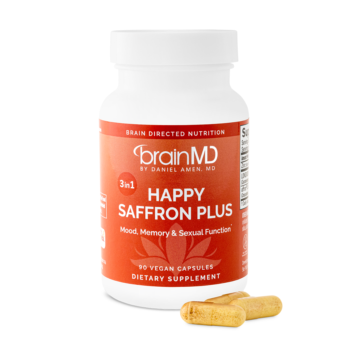 BrainMD Happy Saffron Plus: front view of supplement bottle with sample capsules against transparent background