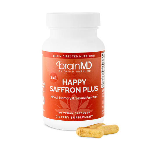 BrainMD Happy Saffron Plus: front view of supplement bottle with sample capsules against transparent background