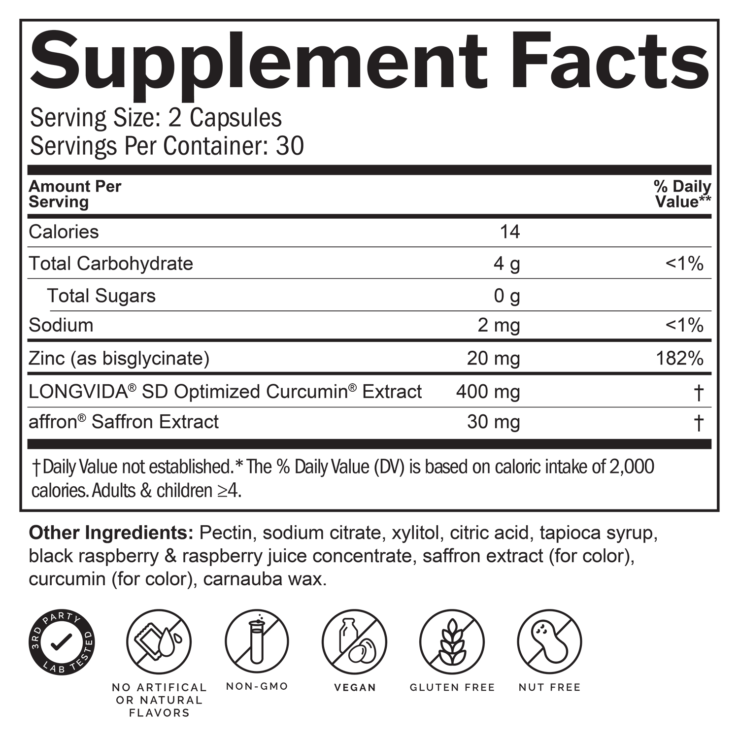 Supplement facts label with nutritional information and ingredient list on a white background