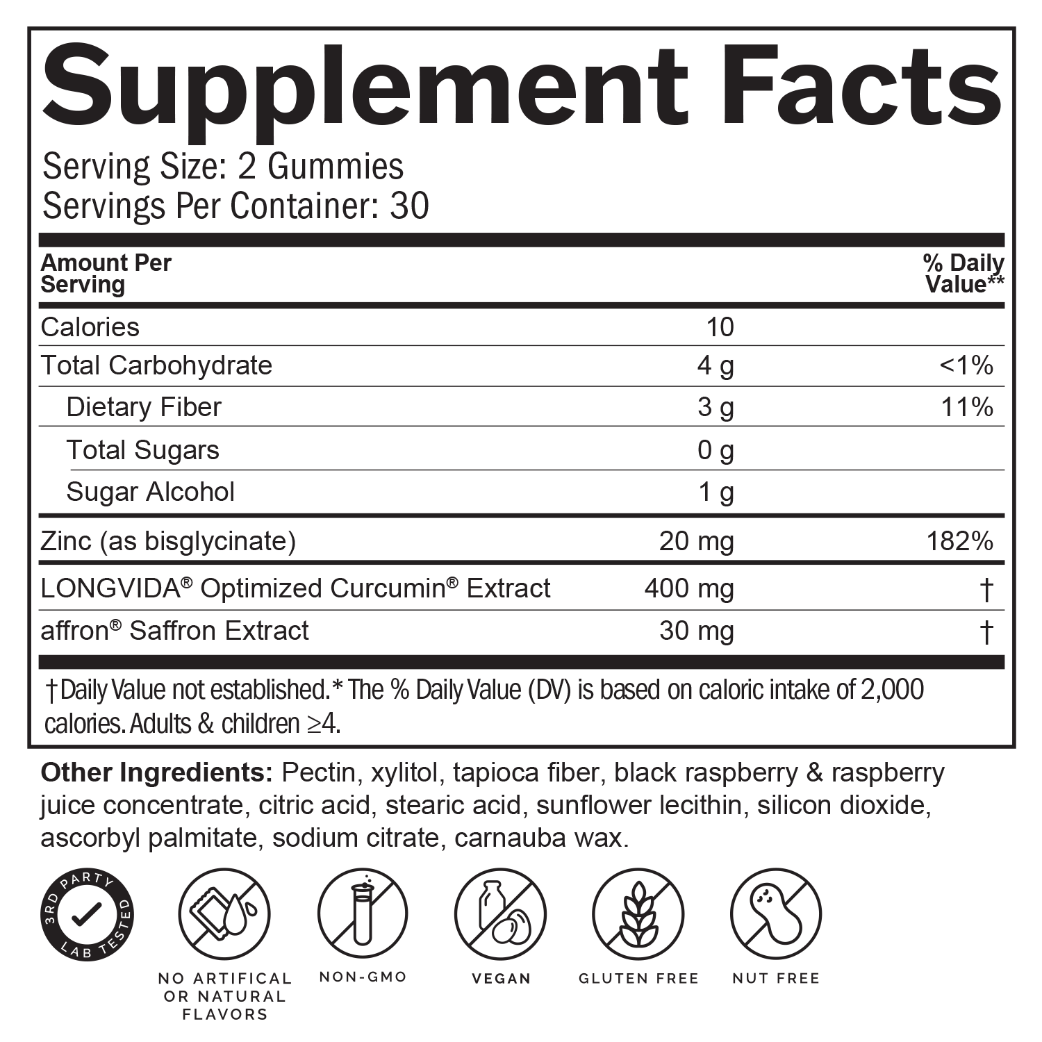 Supplement facts label for gummy vitamins with detailed nutritional information and ingredient list.