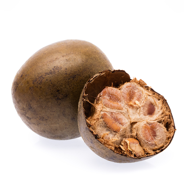 Whole monk fruit and cross section of a monk fruit against a white background.