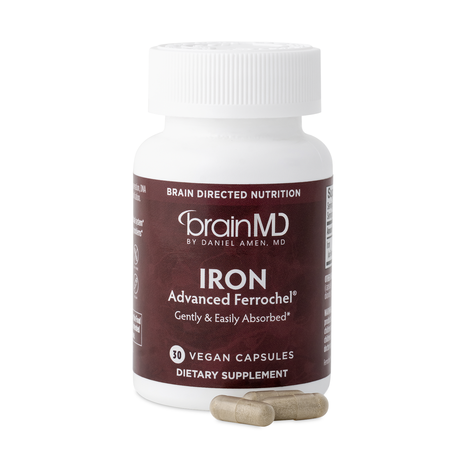 BrainMD Iron: brown supplement bottle with capsules at the base against a transparent background