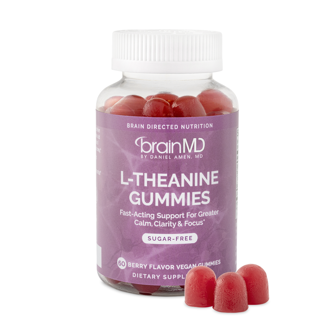 BrainMD L-Theanine Gummies: image of a purple supplement bottle against a transparent background