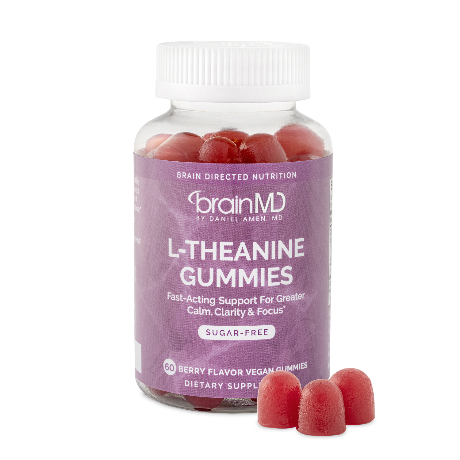 BrainMD L-Theanine Gummies: image of a purple supplement bottle against a transparent background