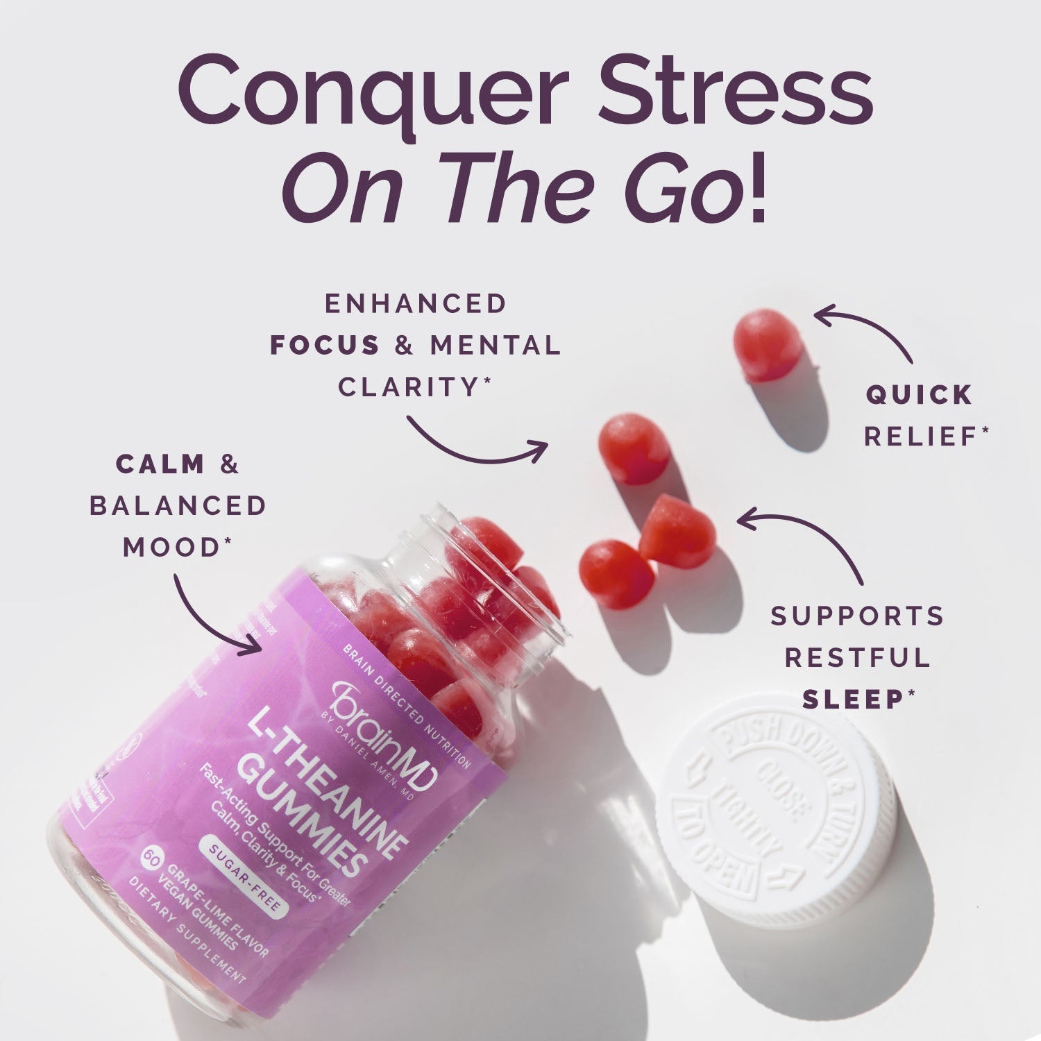 BrainMD L-Theanine Gummies: purple bottle and gummies on a white surface surrounded by brief phrases highlighting benefits