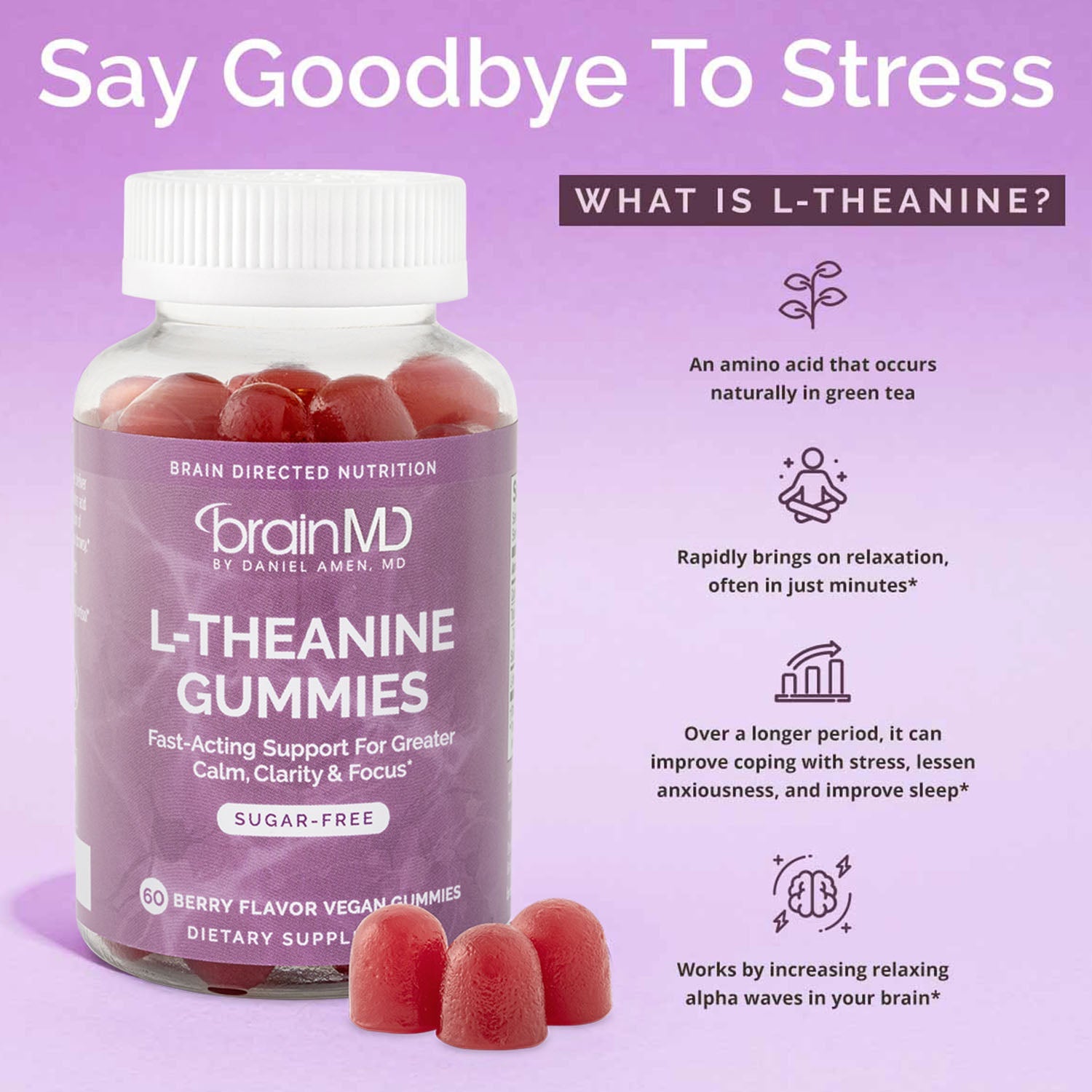 BrainMD L-Theanine Gummies: purple bottle and gummies against a purple background next to brief phrases highlighting benefits