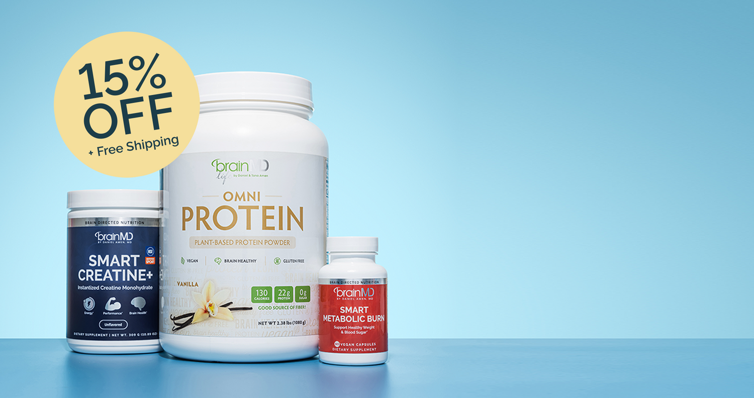 BrainMD Labor Day Sale: 15% off sitewide plus free shipping. Smart Creatine+, Omni Protein vanilla plant-based protein powder, and Smart Metabolic Burn on a blue background.