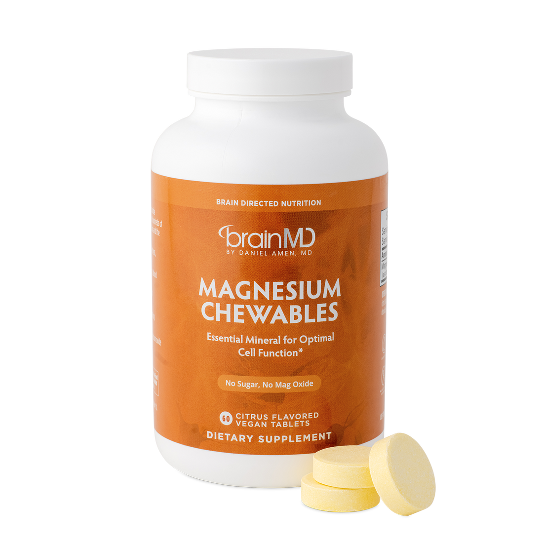 BrainMD Magnesium Chewables:  image of an orange supplement bottle against a transparent background