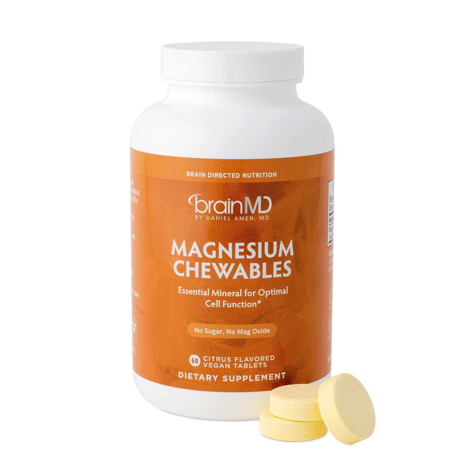 BrainMD Magnesium Chewables:  image of an orange supplement bottle against a transparent background