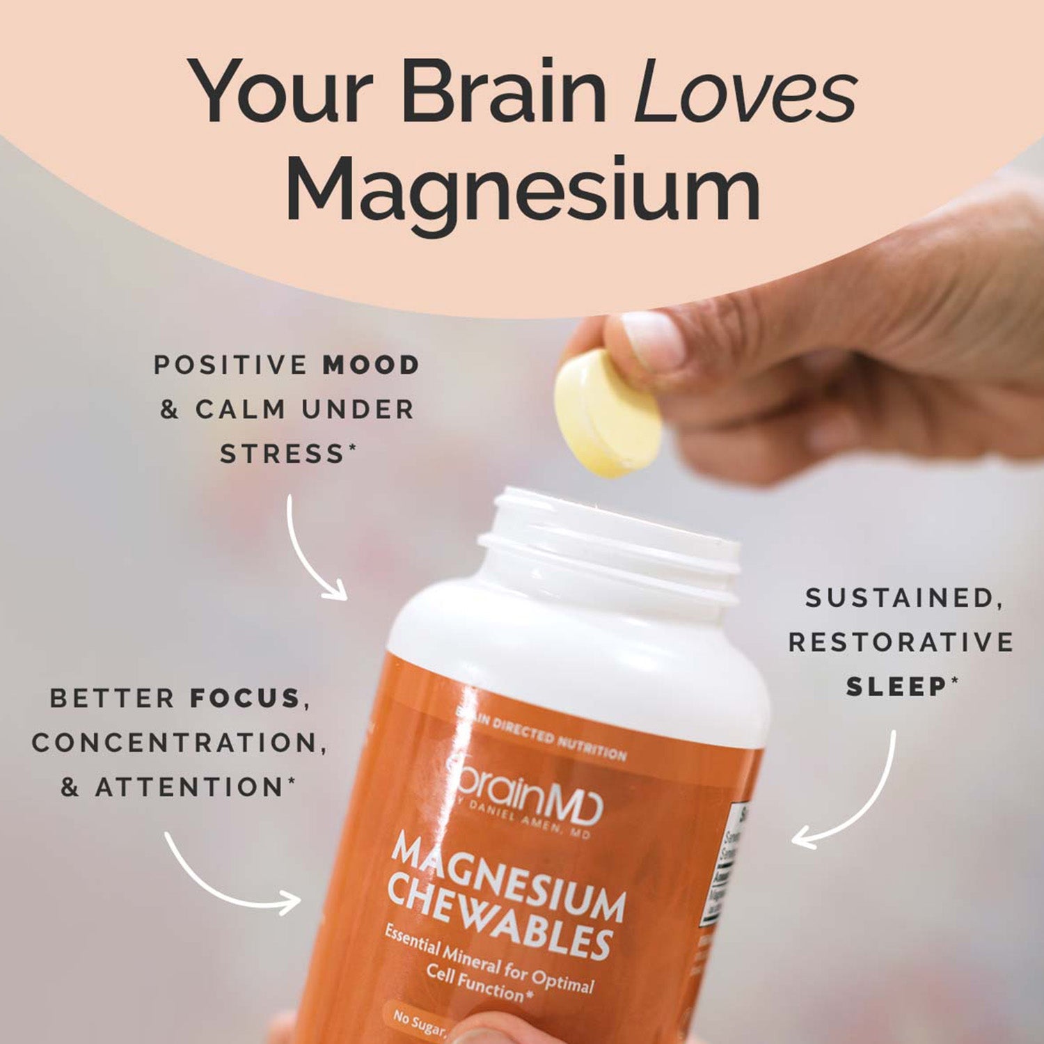 BrainMD Magnesium Chewables: orange supplement bottle surrounded by brief phrases highlighting product benefits