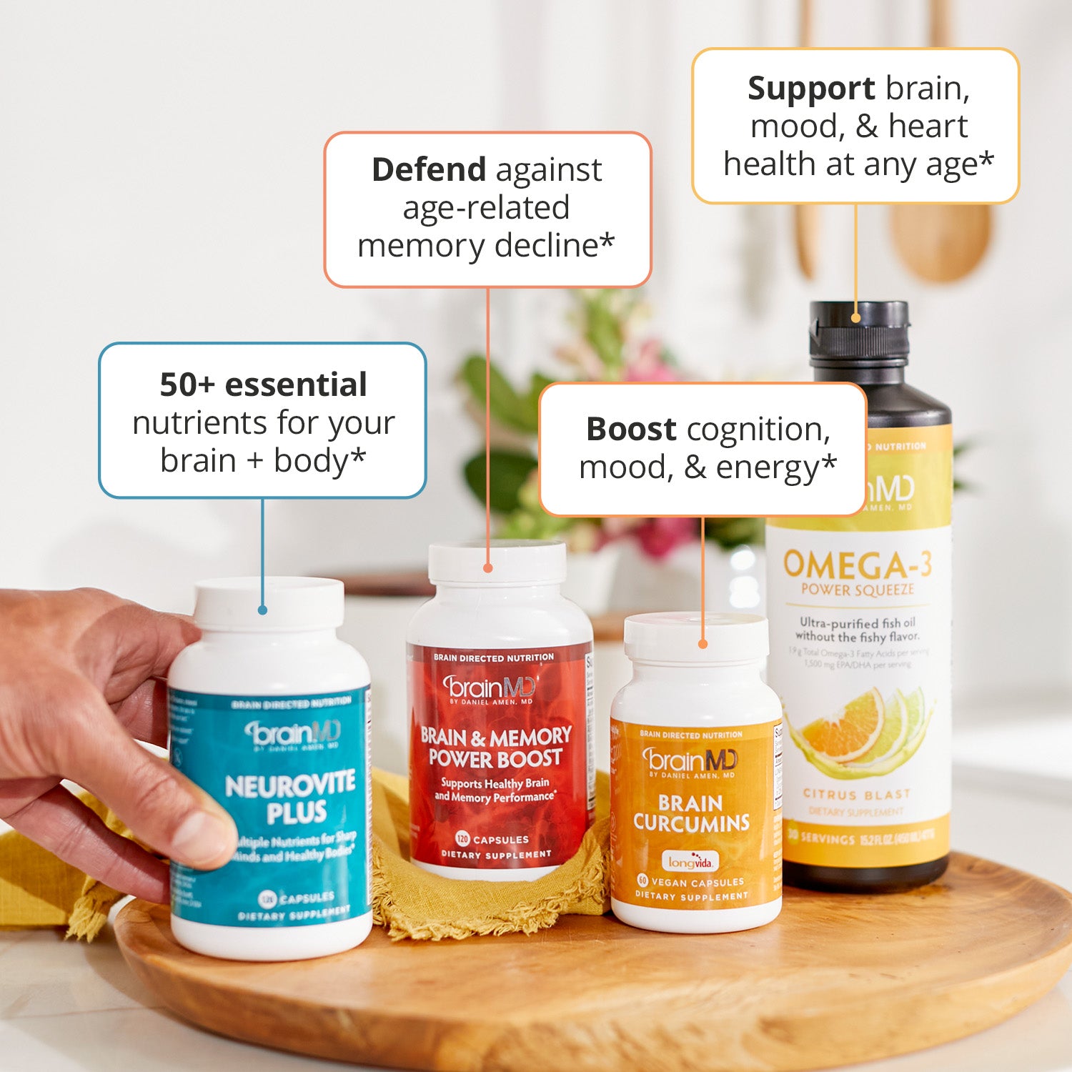BrainMD Memory Bundle: infographic, 4 supplement bottles of various sizes and colors with captions highlighting key benefits
