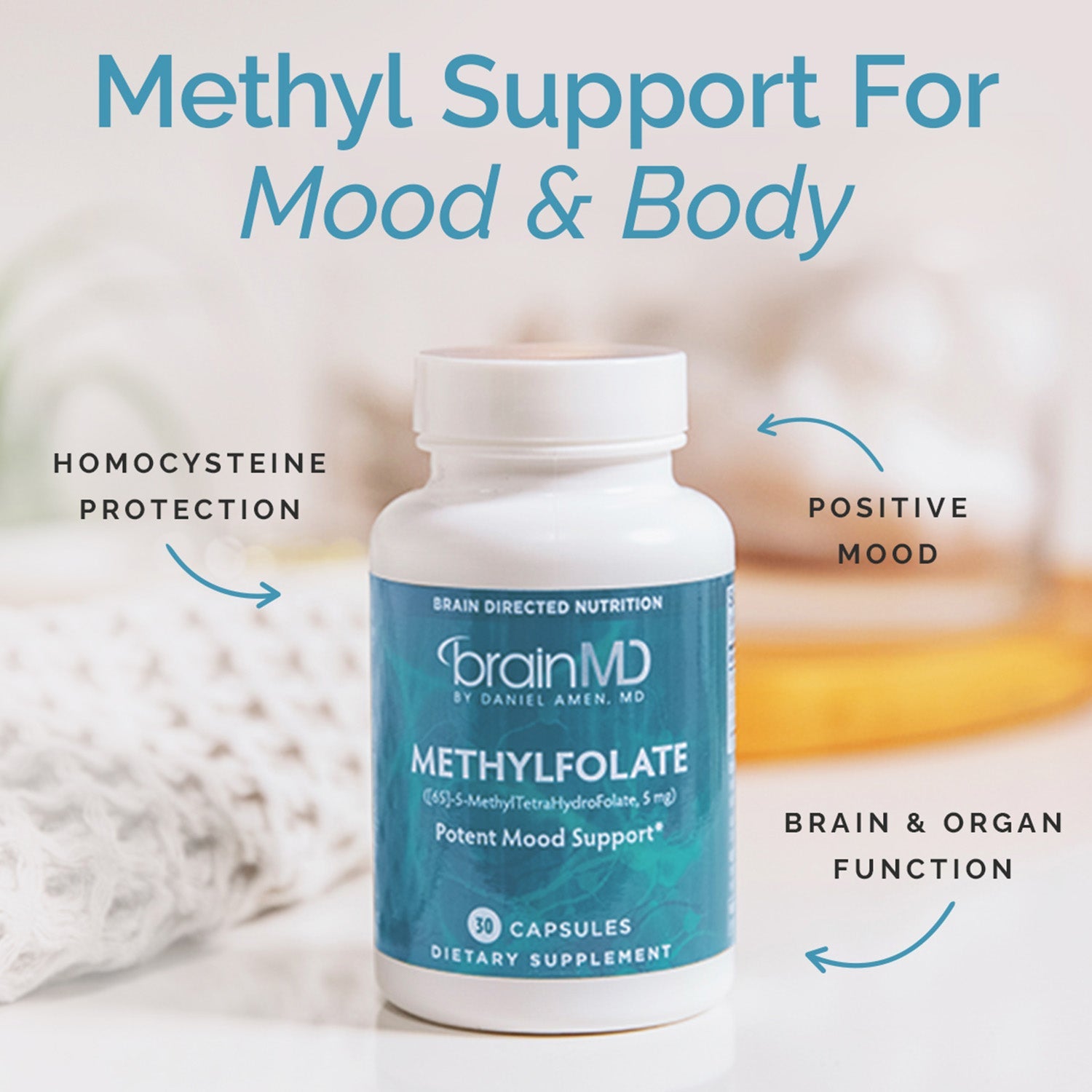 BrainMD MethylFolate: blue supplement bottle surrounded by brief phrases highlighting product benefits