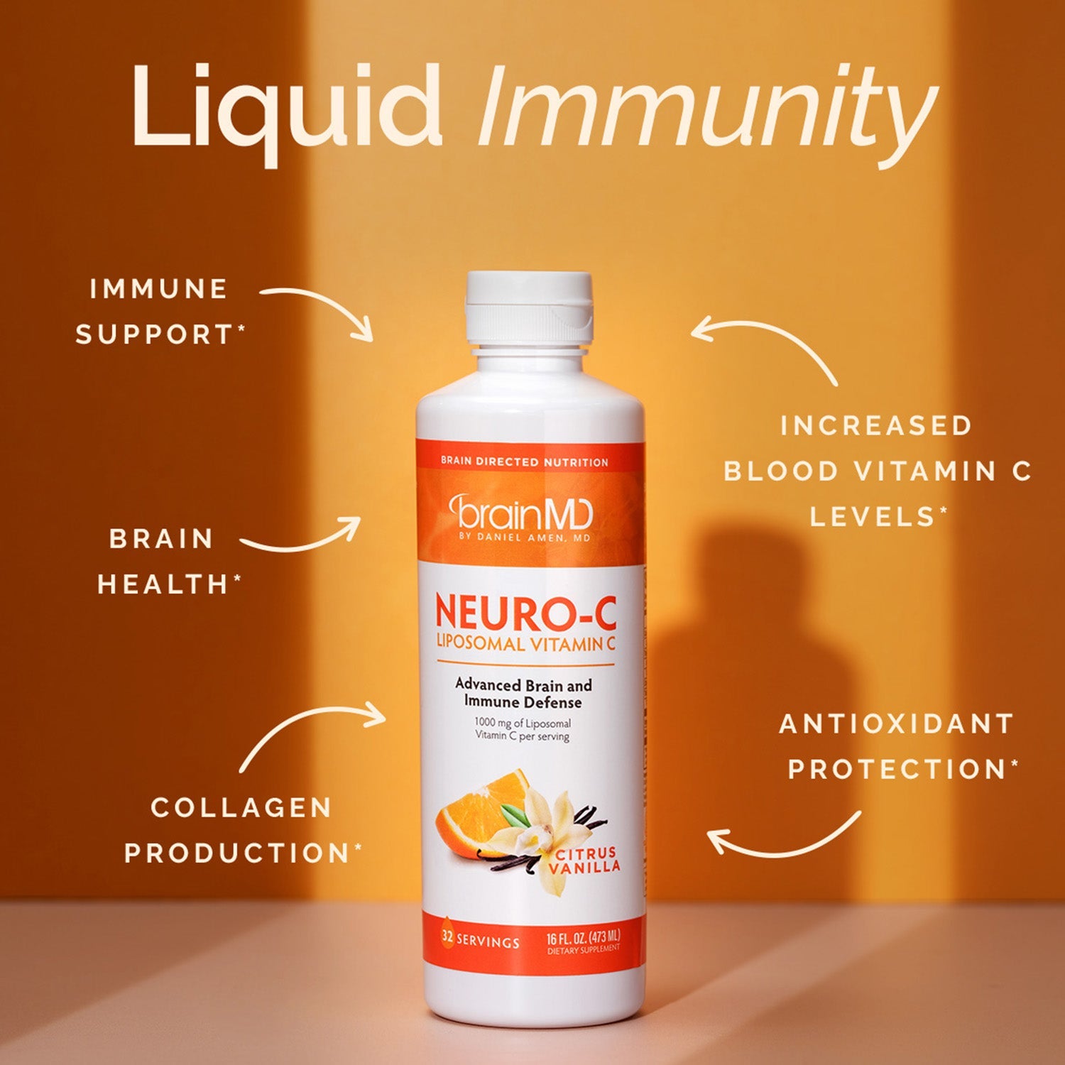 BrainMD Neuro-C Vitamin C: orange and white supplement bottle surrounded by brief phrases highlighting product benefits