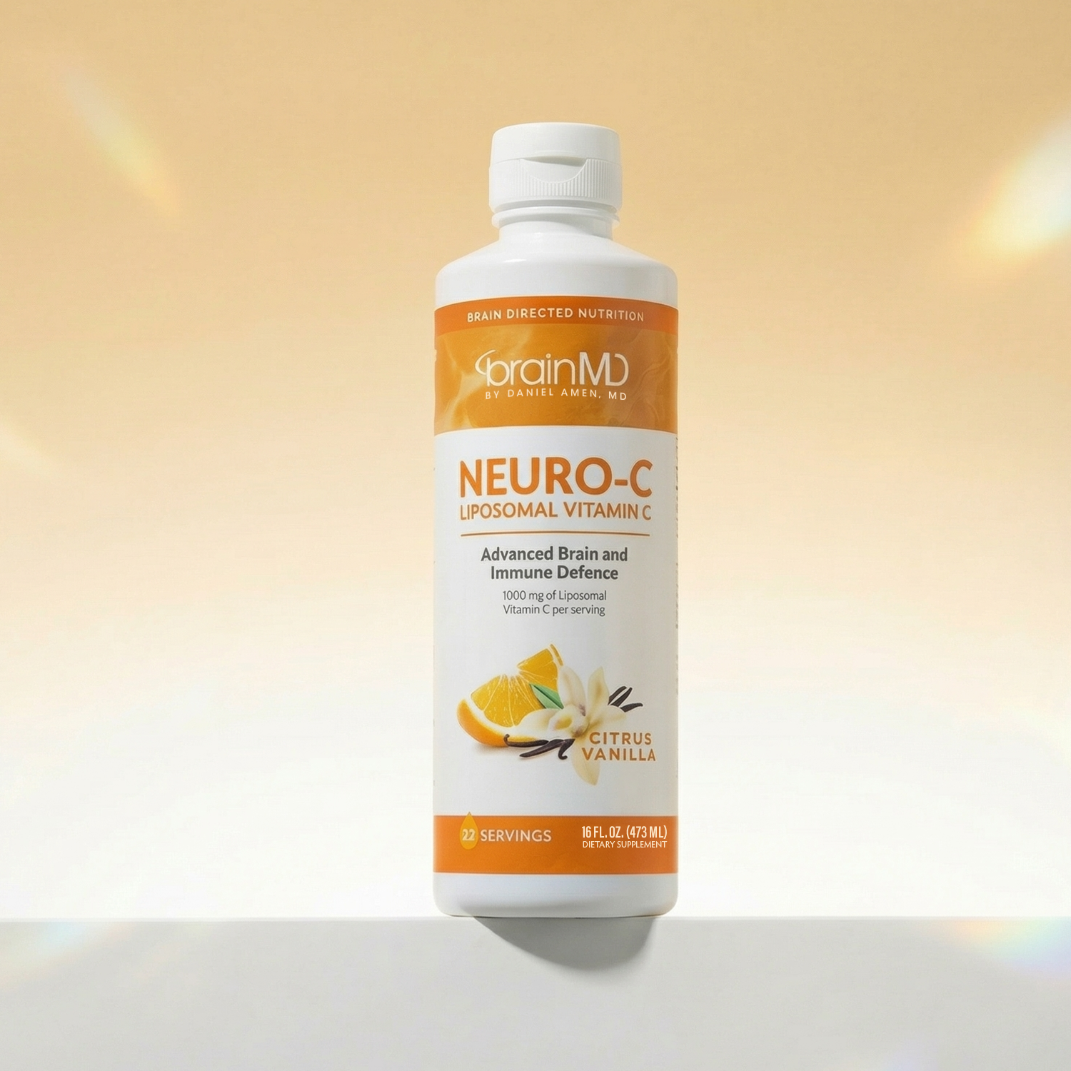 Tall, orange supplement bottle against a peach-colored background.