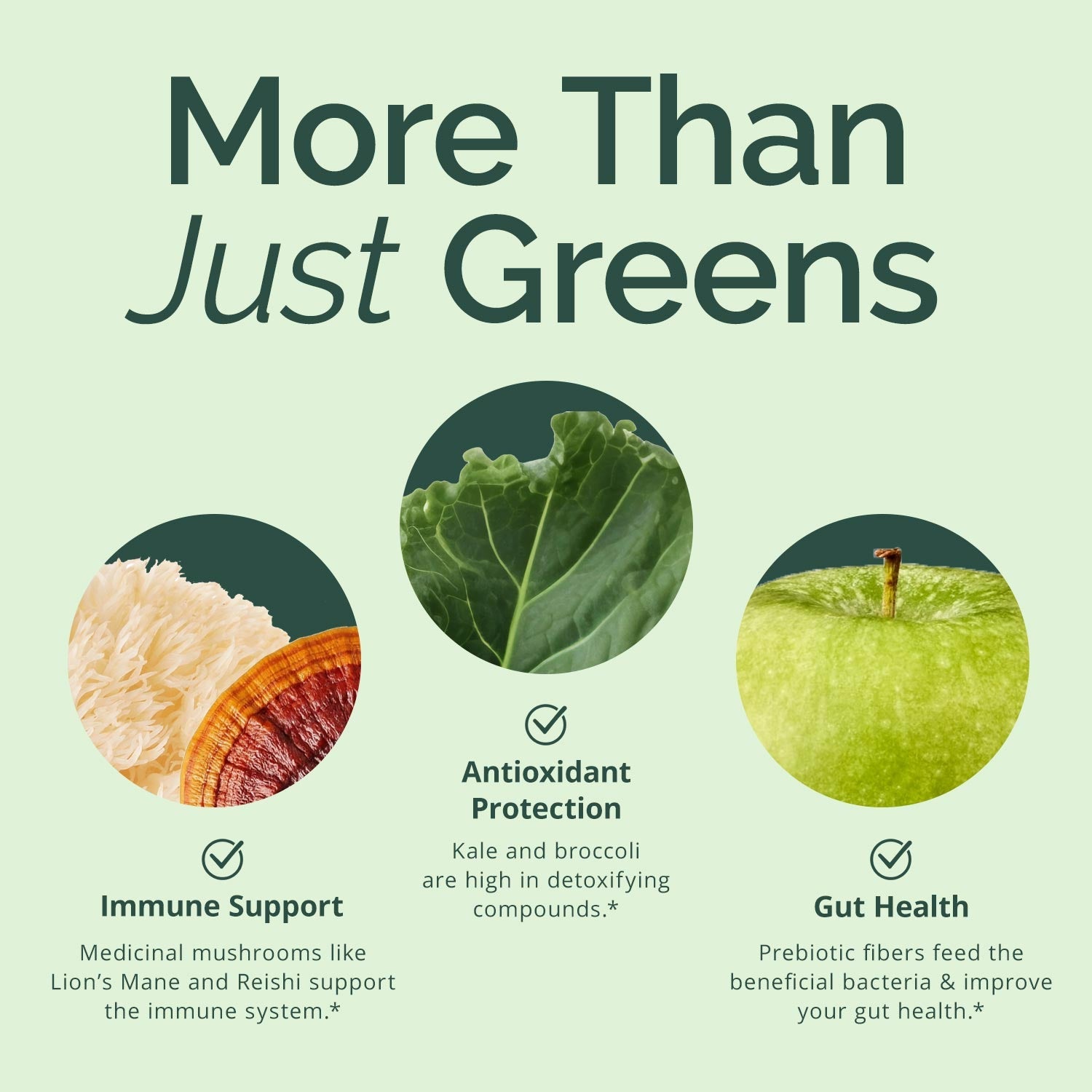 BrainMD Neuro Greens Superfood: infographic - images and descriptions of 3 key benefits against a light green background