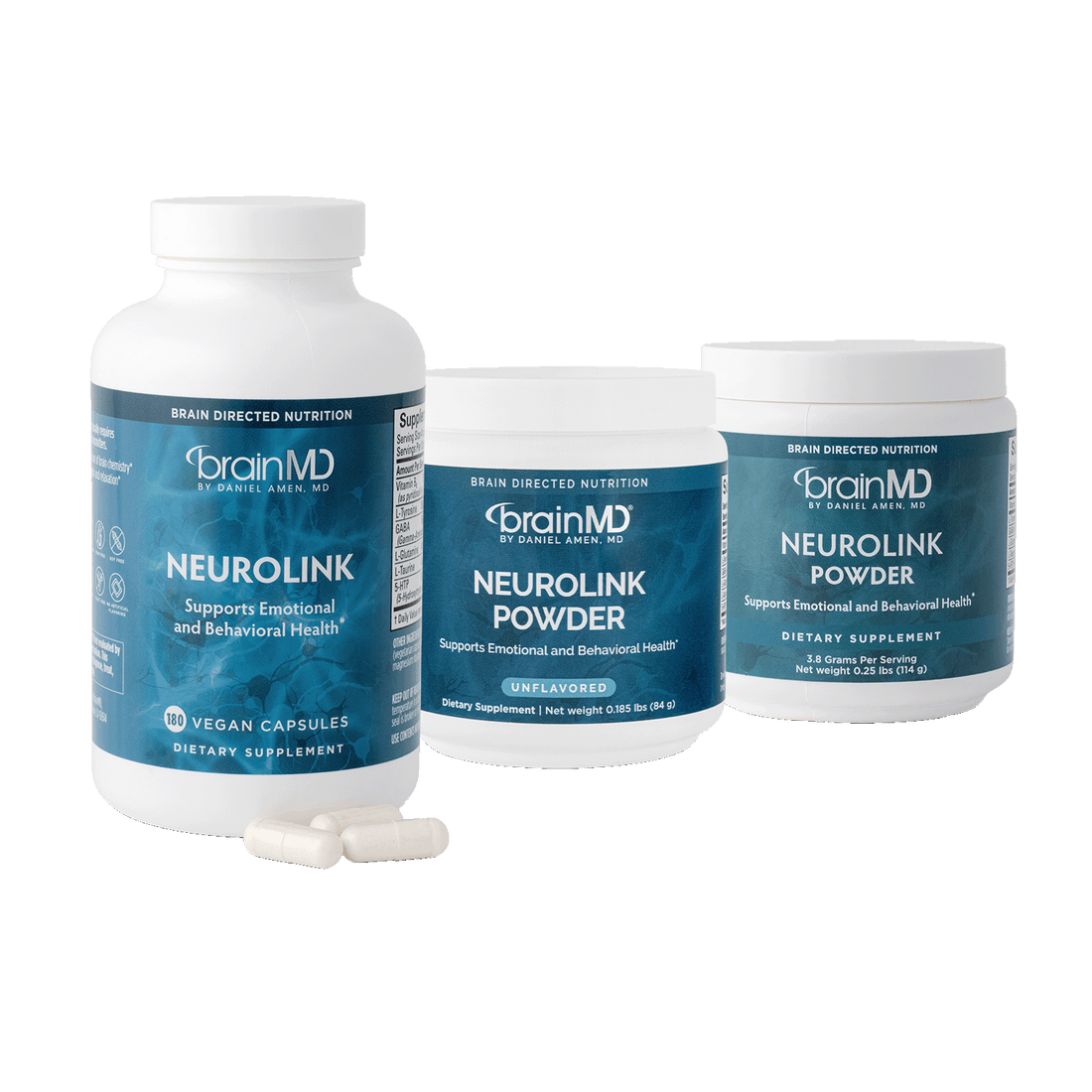 One supplement bottle and two tubs of supplement powder against a transparent background.