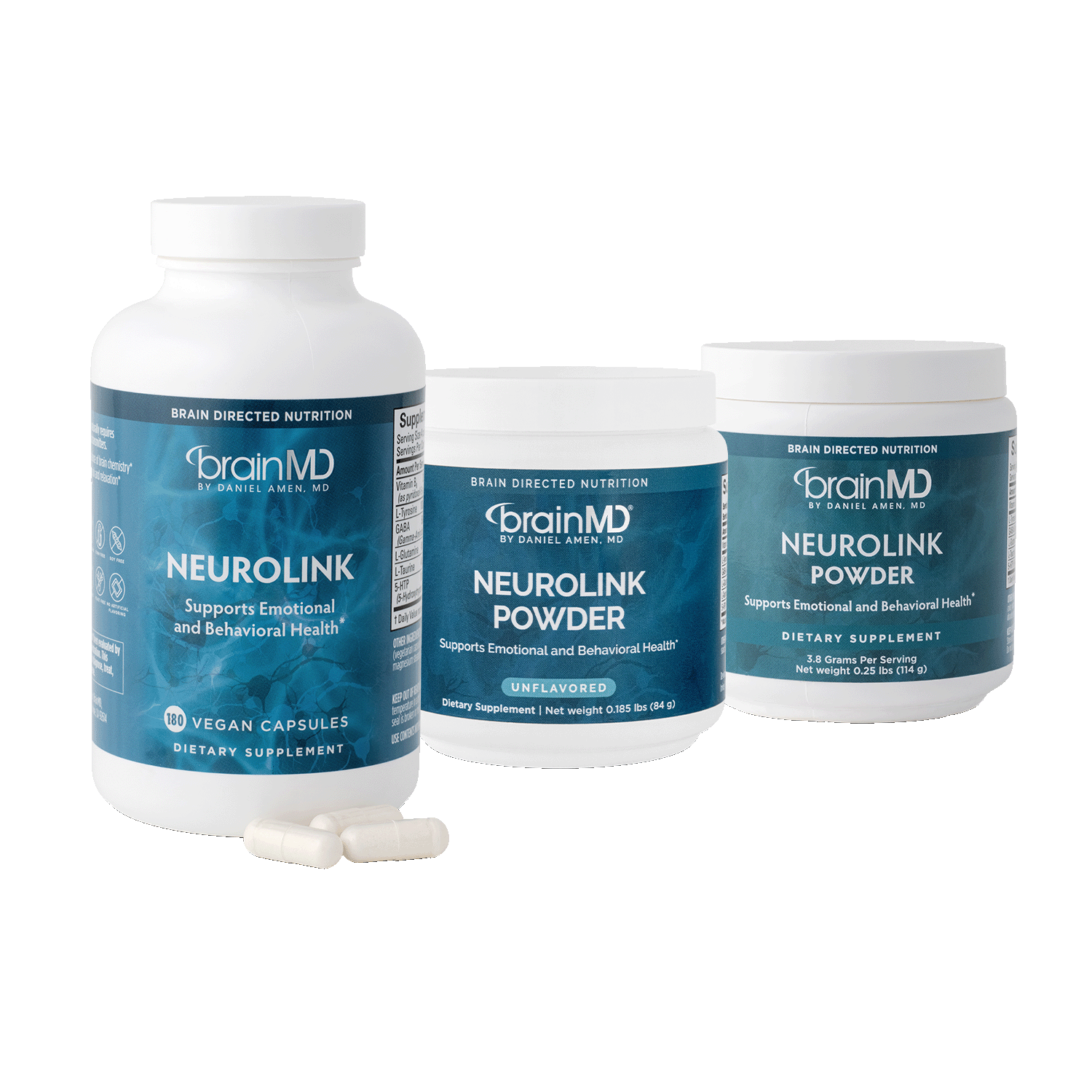 One supplement bottle and two tubs of supplement powder against a transparent background.