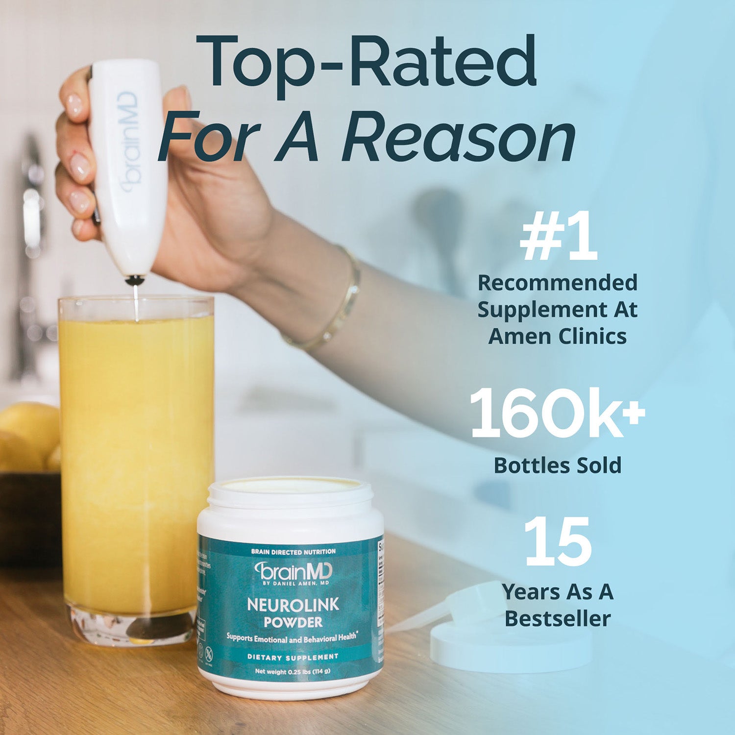 Infographic - hand with mixer in glass next to supplement container, benefits listed on the right.
