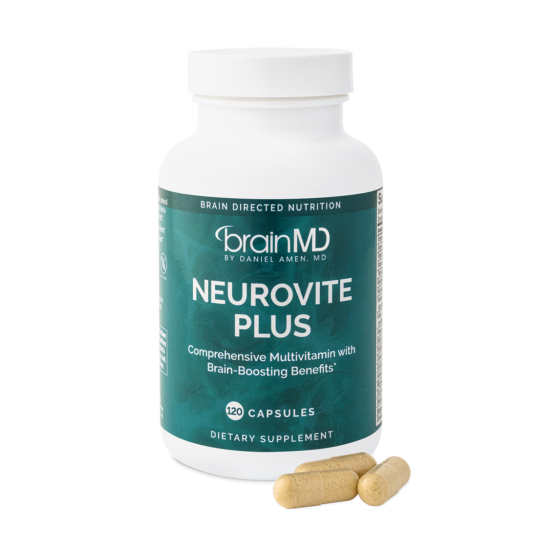 BrainMD NeuroVite Plus Multivitamin: supplement bottle with 3 capsules set against a transparent background