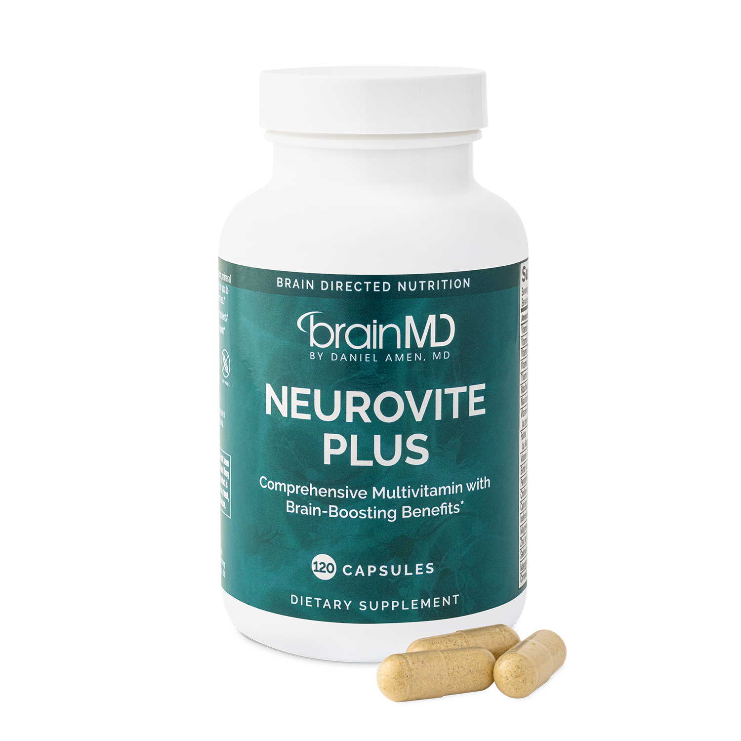 BrainMD NeuroVite Plus Multivitamin: supplement bottle with 3 capsules set against a transparent background