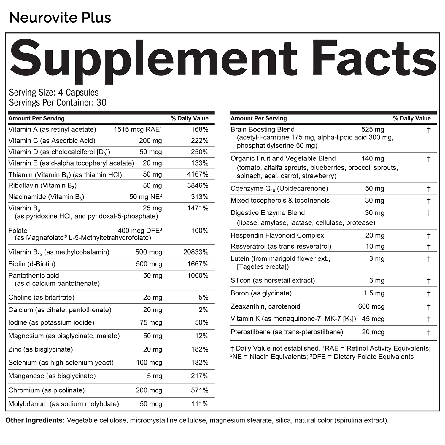 Supplement Facts box listing ingredients for NeuroVite Plus Multivitamin.