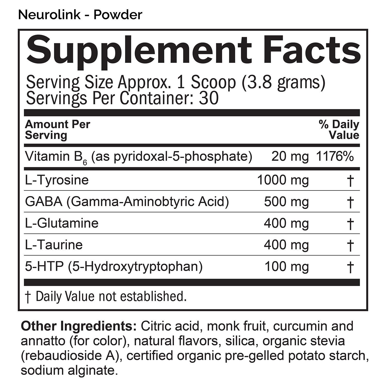 Supplement Facts label for NeuroLink powder with ingredients, serving size and nutritional information.
