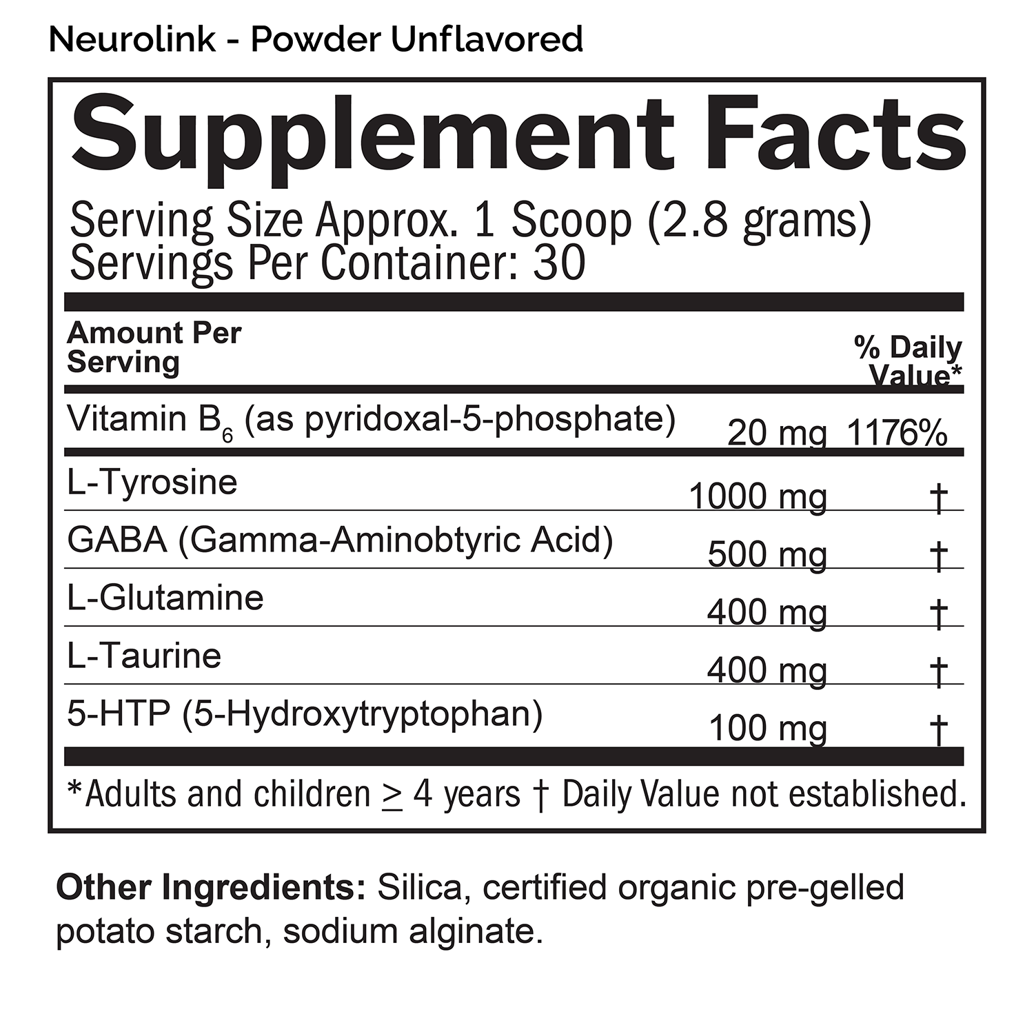 Supplement Facts label for NeuroLink powder with ingredients, serving size and nutritional information.