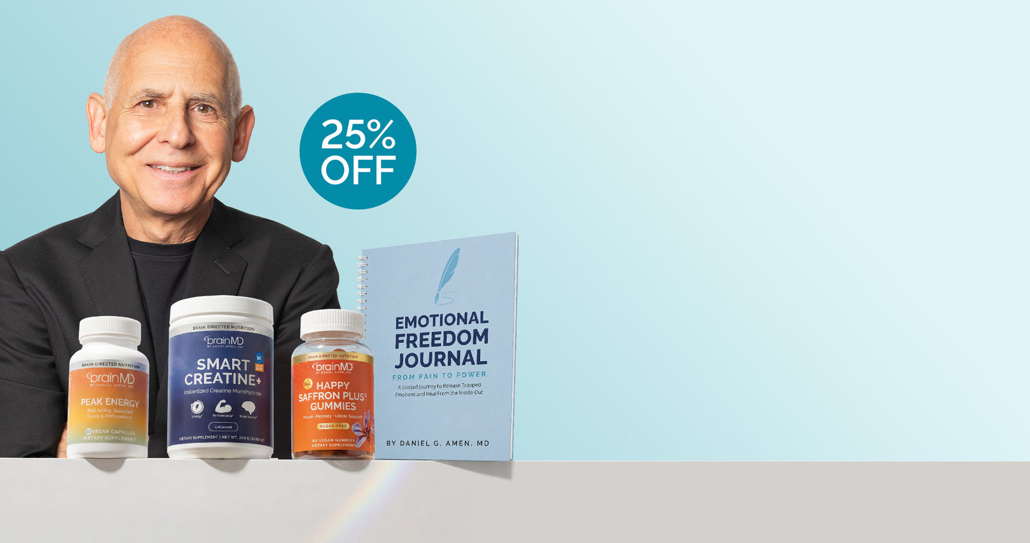 A promotional banner featuring a smiling Dr. Amen on the left, three supplement bottles, and a book titled 'Emotional Freedom Journal' on a light gray surface against a pale blue background, with a '25% OFF' badge.