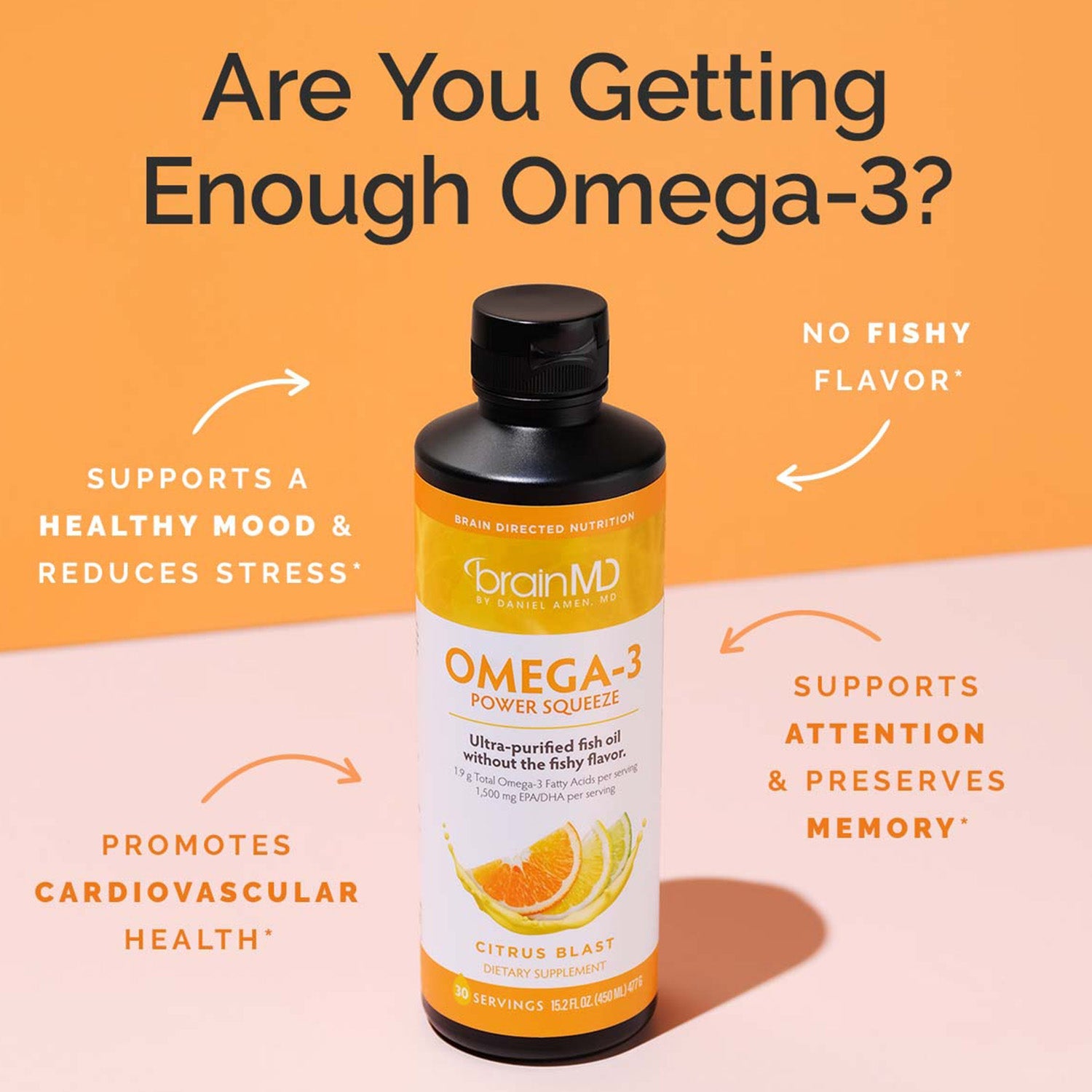 BrainMD Omega-3 Power Squeeze: infographic, orange & white supplement bottle with brief phrases highlighting product benefits