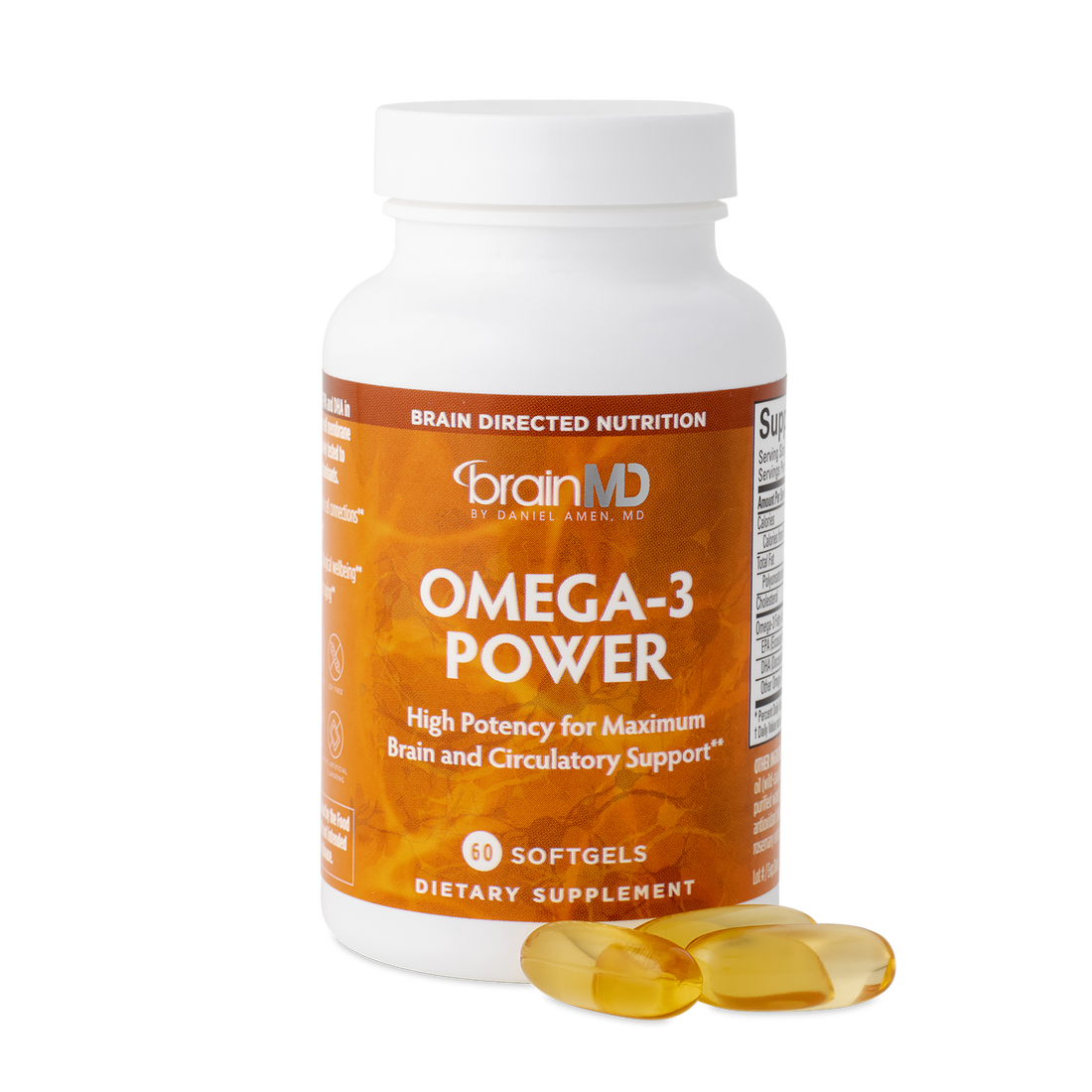 BrainMD Omega-3 Power: orange supplement bottle with golden softgels against a transparent background