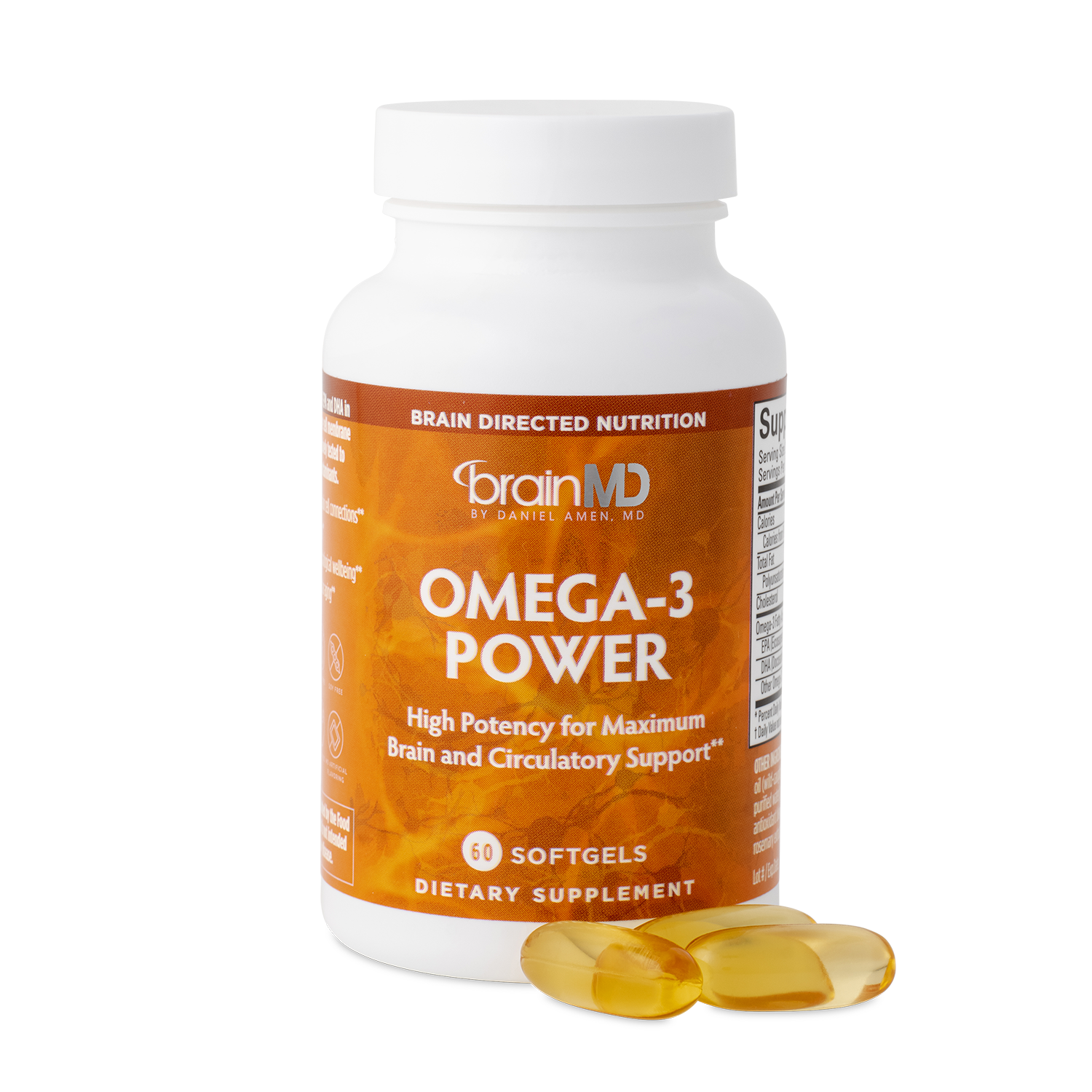 BrainMD Omega-3 Power: orange supplement bottle with golden softgels against a transparent background