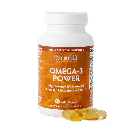 BrainMD Omega-3 Power: orange supplement bottle with golden softgels against a transparent background