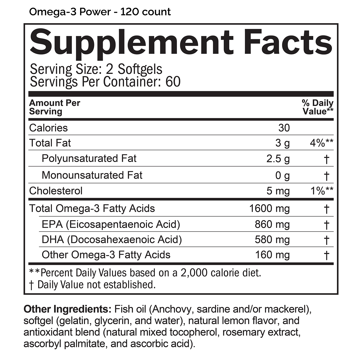 Supplement Facts box listing ingredients for Omega-3 Power.