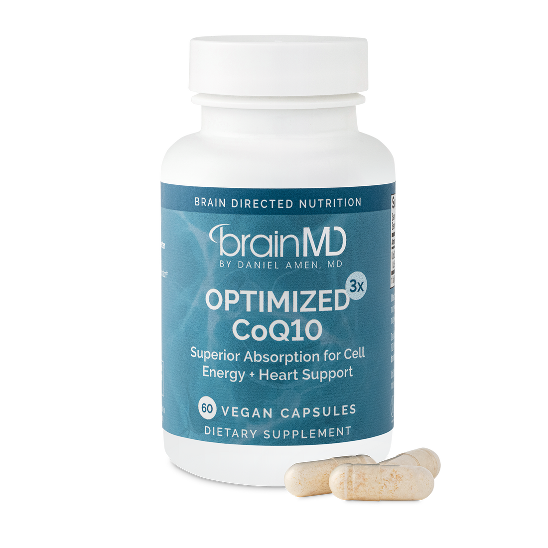 BrainMD Optimized CoQ10: image of a blue supplement bottle against a transparent background