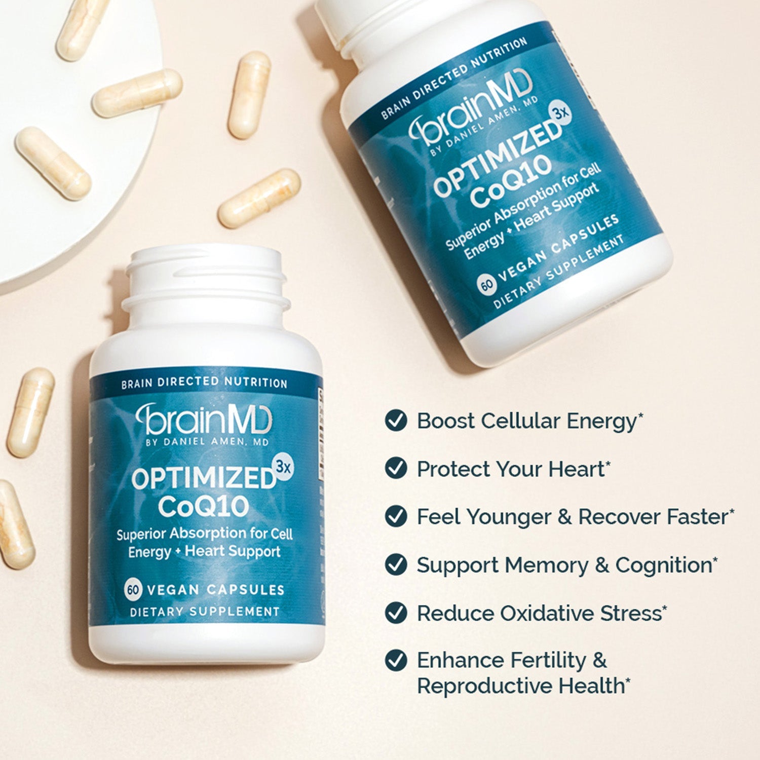 BrainMD Optimized CoQ10: infographic, 2 blue supplement bottles and capsules with brief phrases highlighting product benefits