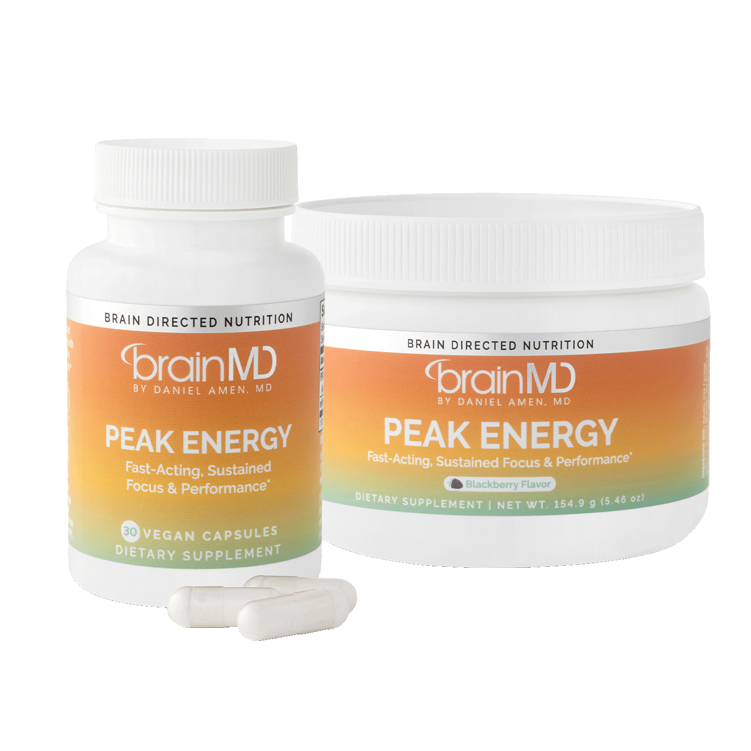 One supplement bottle and one supplement tub against a transparent background.