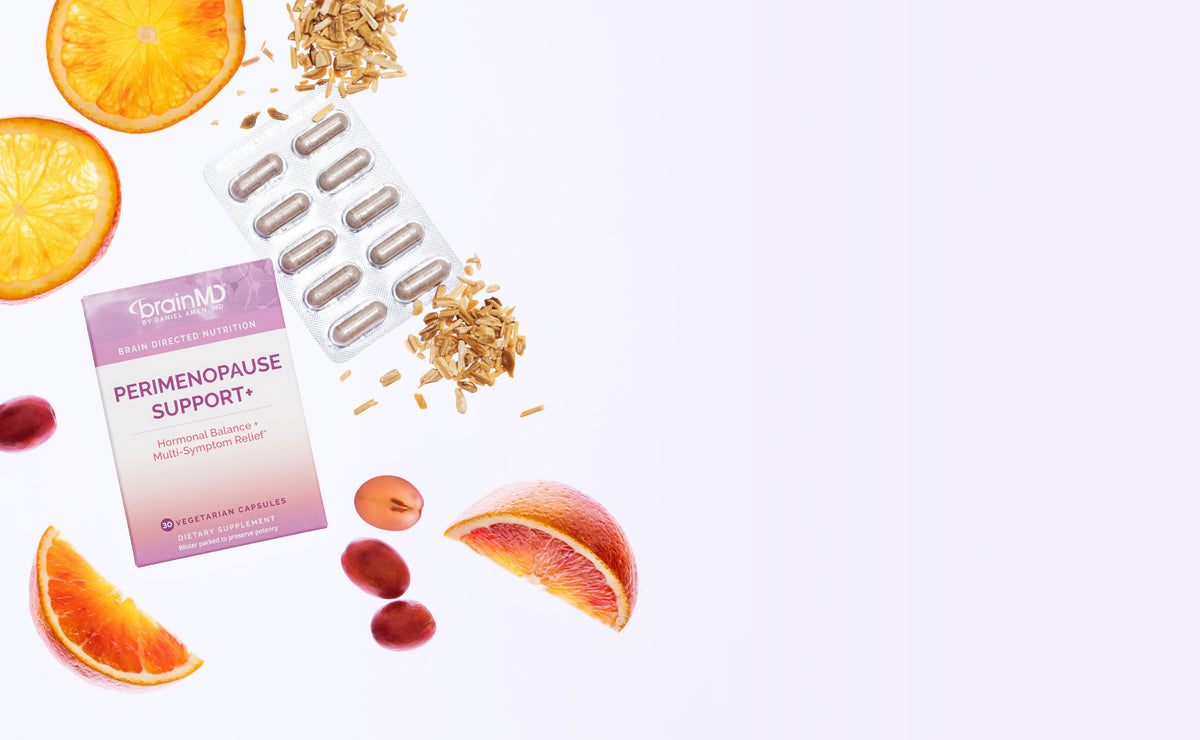 Perimenopause Support+ box and capsules with blood oranges and shatavari root