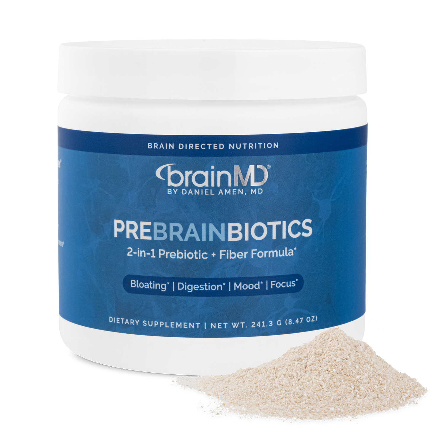 BrainMD PreBrainBiotics: blue supplement container with mound of powder against a transparent background