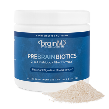BrainMD PreBrainBiotics: blue supplement container with mound of powder against a transparent background