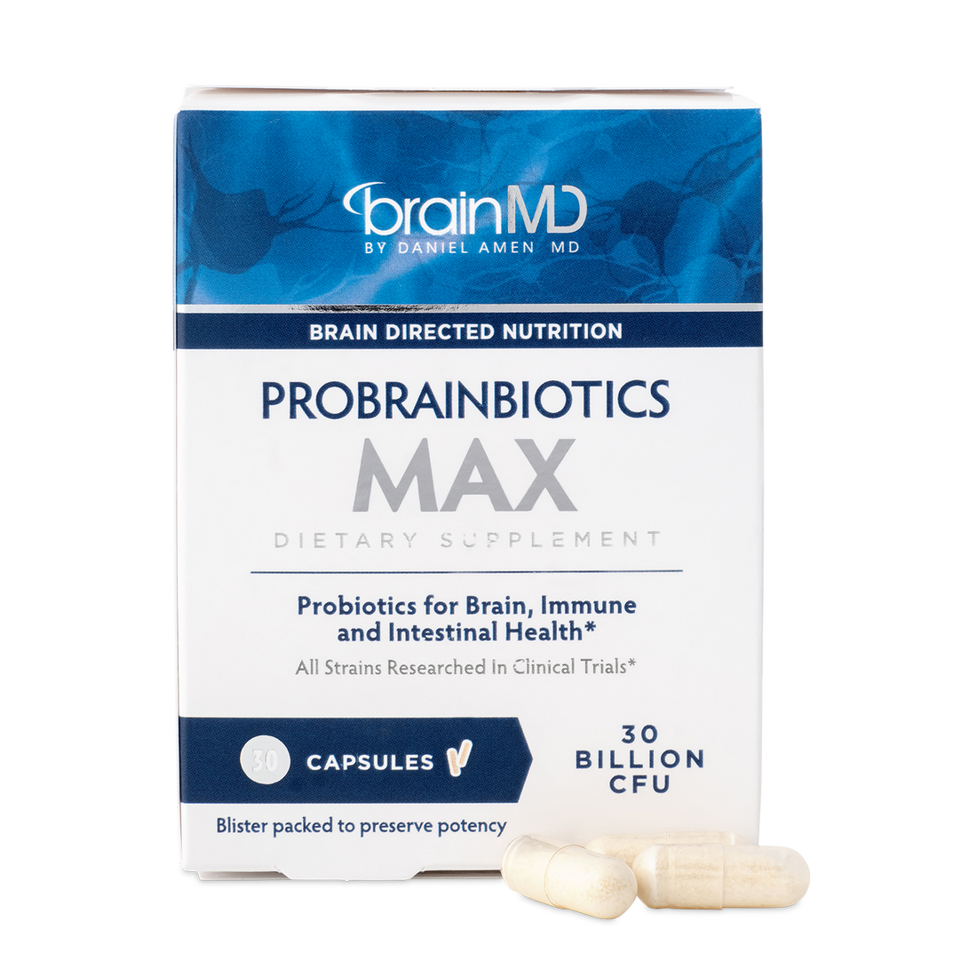 BrainMD ProBrainBiotics MAX: blue & white supplement box with capsules against a transparent background