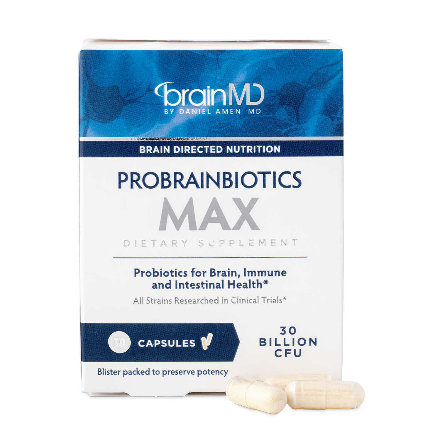 BrainMD ProBrainBiotics MAX: blue & white supplement box with capsules against a transparent background