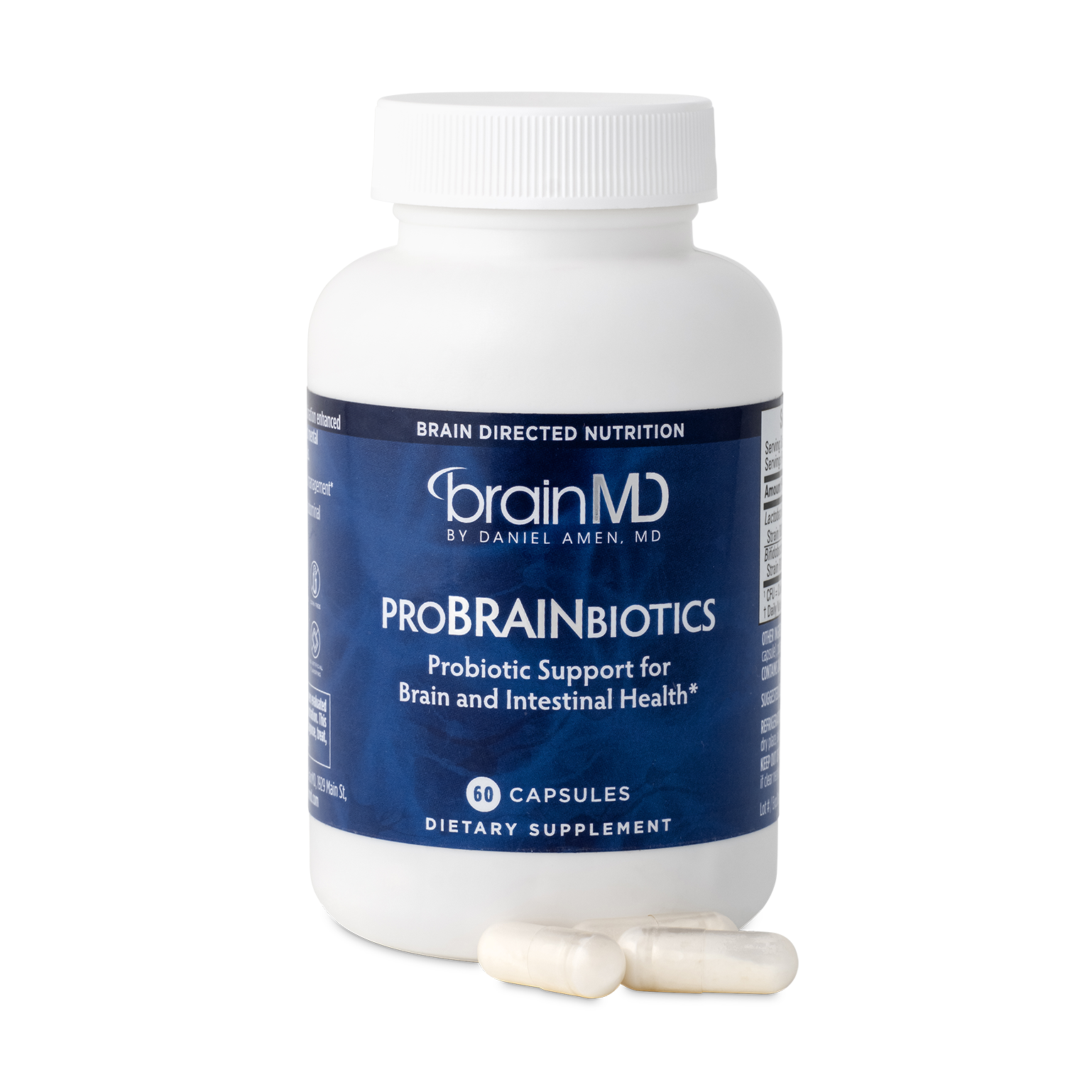 BrainMD ProBrainBiotics: blue supplement bottle with capsules against a transparent background