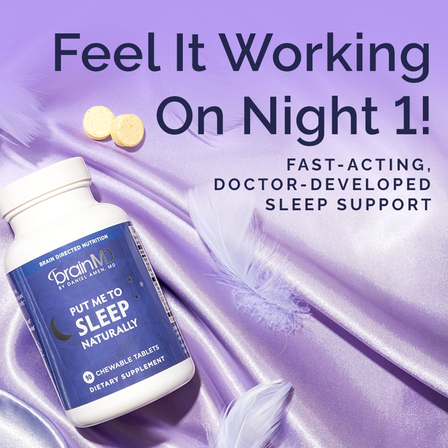 BrainMD Put Me To Sleep Naturally: infographic, purple supplement bottle on a purple sheet with text in upper right corner
