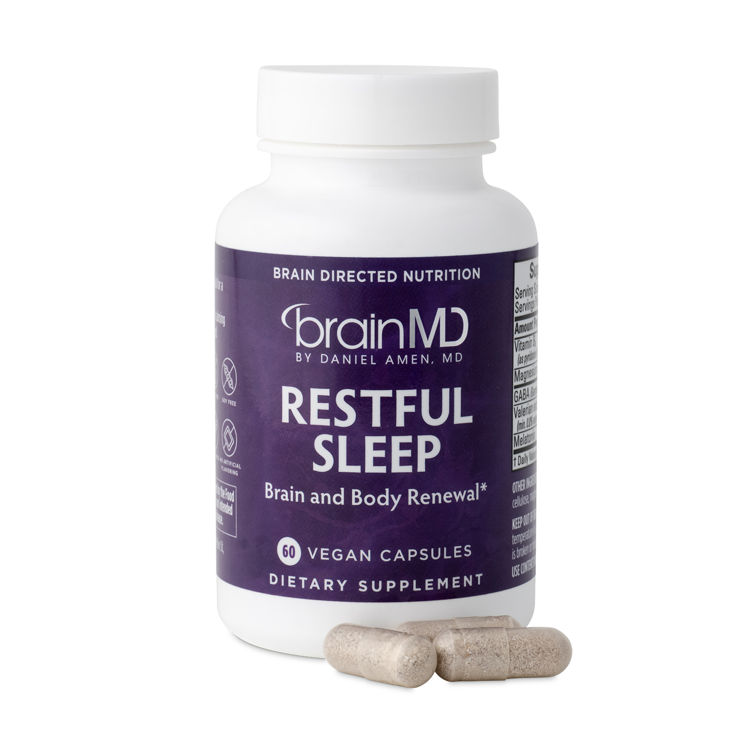 BrainMD Restful Sleep: purple supplement bottle with capsules against a transparent background