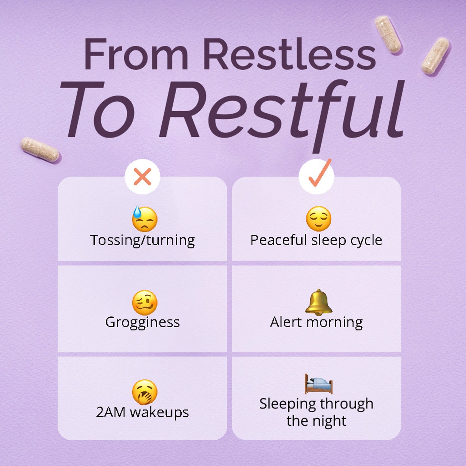 BrainMD Restful Sleep: infographic, brief phrases highlighting the product's benefits set against a light purple background