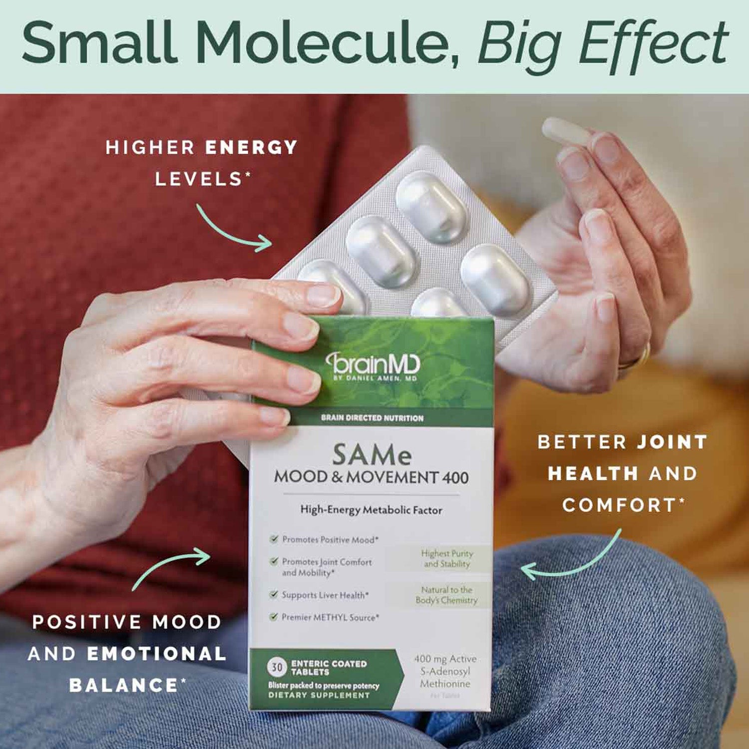BrainMD SAMe Mood & Movement 400: infographic, green & white supplement box with brief phrases highlighting product benefits
