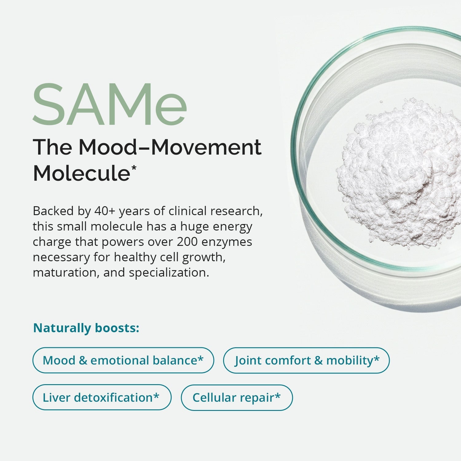 BrainMD SAMe Mood & Movement 400: infographic, glass container containing white powder with brief ingredient description