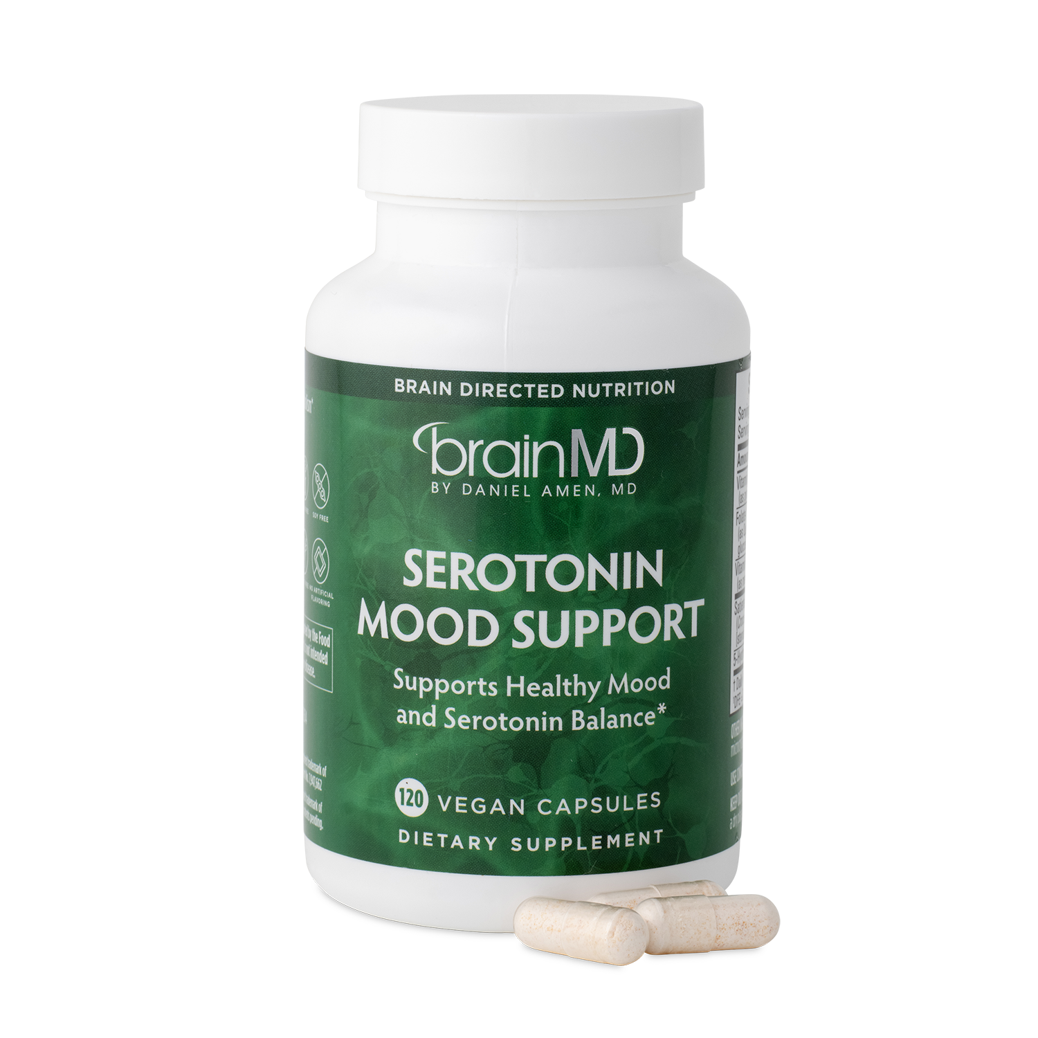 BrainMD Serotonin Mood Support: green supplement bottle with capsules at the base against a transparent background